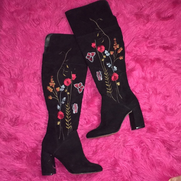 3-D butterfly embroidered black suede boots - Picture 3 of 6